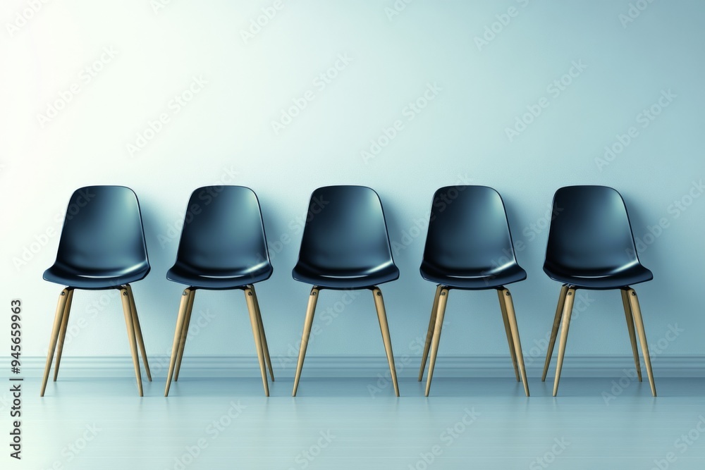 In a modern minimalistic setting, five neatly arranged chairs sit against a light-colored wall, showcasing a balance of aesthetics and functionality in contemporary interior design. In a modern minimalistic setting, five neatly arranged chairs sit against a light-colored wall, showcasing a balance of aesthetics and functionality in contemporary interior design.