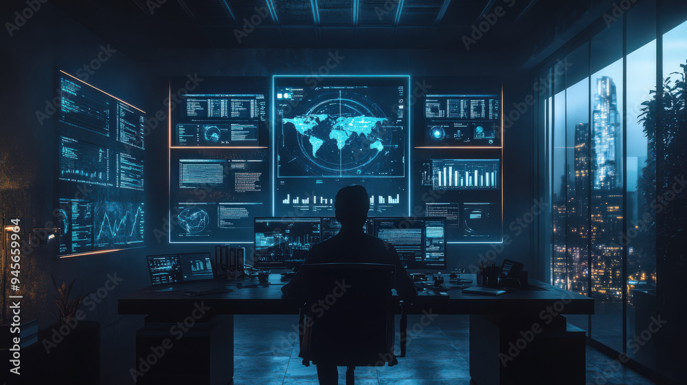 Man in modern dark office with multiple computer screens showing global data and analytics, working late with city skyline view. Man in modern dark office with multiple computer screens showing global data and analytics, working late with city skyline view.