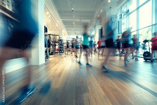 An interior snapshot of an active gym with people in motion blur, suggesting vigorous physical activity and energy. The modern fitness facility is filled with light and movement.