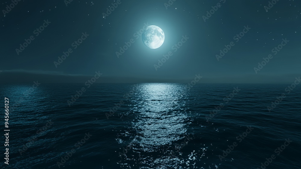 A serene night scene featuring a full moon reflecting on calm ocean waters. A serene night scene featuring a full moon reflecting on calm ocean waters.