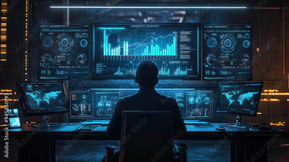 Person analyzing data on multiple screens in a futuristic office with digital interfaces displaying analytics and world maps. Person analyzing data on multiple screens in a futuristic office with digital interfaces displaying analytics and world maps.