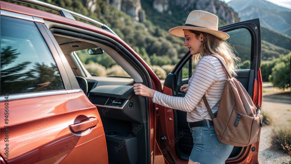 Naklejka premium image of woman opens car door outdoors