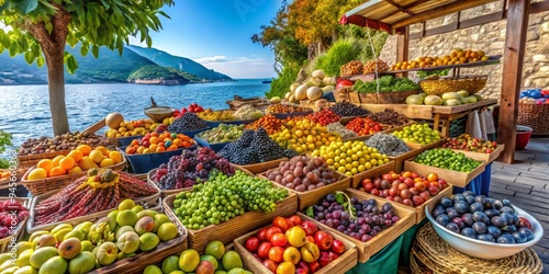 A delicious array of fresh fruits, including grapes, figs, and olives, sits on a colorful market stall along the Adriatic coast, a realistic photo image. photo