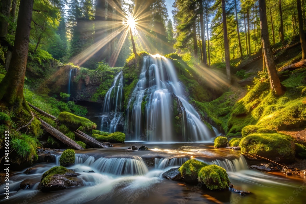 Fototapeta premium The tranquil atmosphere of Panther Falls in June, with the sun peeking through the trees, casting dappled shadows on the forest floor , a realistic photo image.