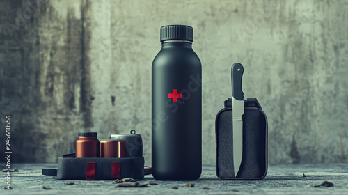 Survival gear including a water bottle, batteries, and knife set against a concrete wall, perfect for emergency preparedness and outdoor adventures. photo