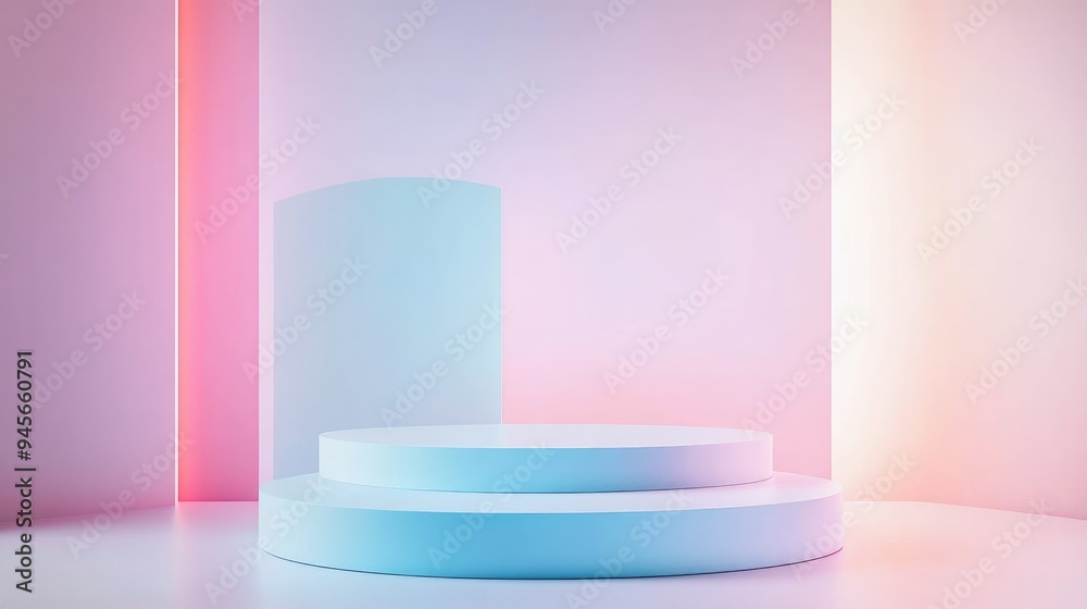 A 3D rendering of an abstract platform podium with layered geometric shapes and soft gradients, ideal for a modern product presentation backdrop in a minimalist style. A 3D rendering of an abstract platform podium with layered geometric shapes and soft gradients, ideal for a modern product presentation backdrop in a minimalist style.