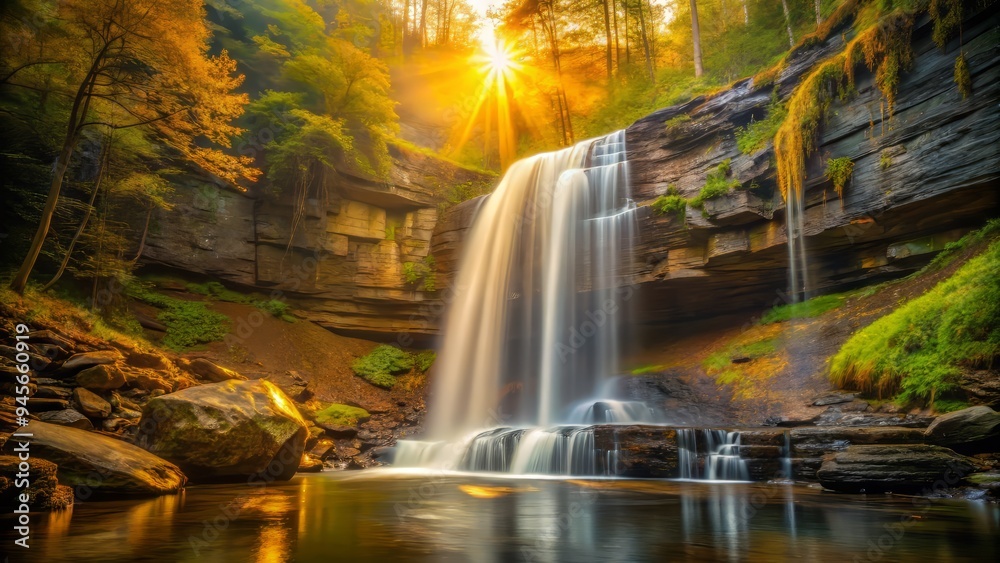 Fototapeta premium Golden hour at Ozone Falls, warm light illuminating the mist, creating a sense of serenity, a realistic photo image.