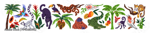 Set of exotic flora and fauna. Different jungle animals and plants: jaguars, monkeys, crocodiles, snakes, palm tree. Tropical, rainforest nature. Flat isolated vector illustrations on white background