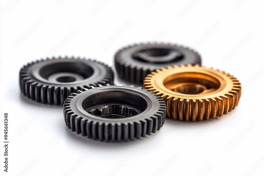 A set of interlocking gear wheels, intricately detailed and isolated against a clean white background. The gears, with their precise teeth and metallic finish, are arranged in a way that highlights th A set of interlocking gear wheels, intricately detailed and isolated against a clean white background. The gears, with their precise teeth and metallic finish, are arranged in a way that highlights th