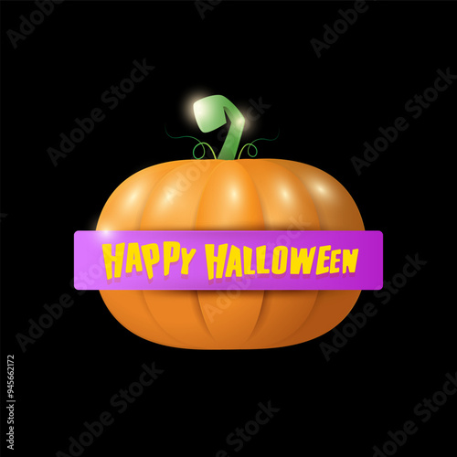 Happy Halloween creative greeting card or icon with big orange realistic vector pumpkin and ribbon on black background . Funky kids Halloween banner or label with halloween text .