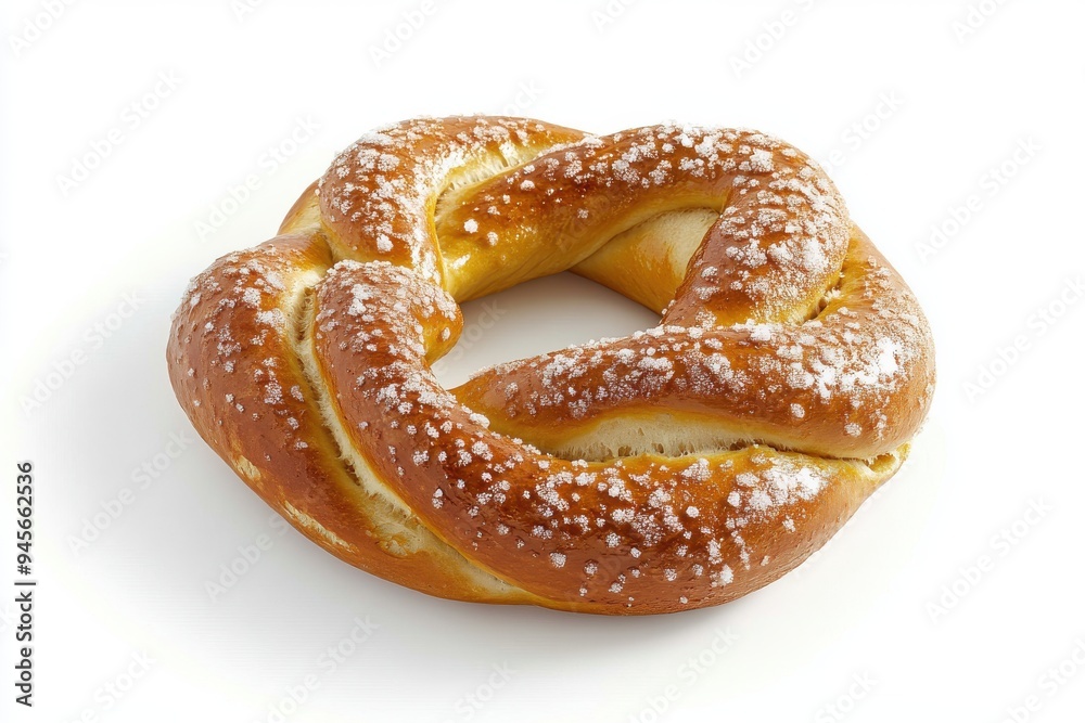 Close-up of a golden pretzel with coarse salt on a white background Close-up of a golden pretzel with coarse salt on a white background