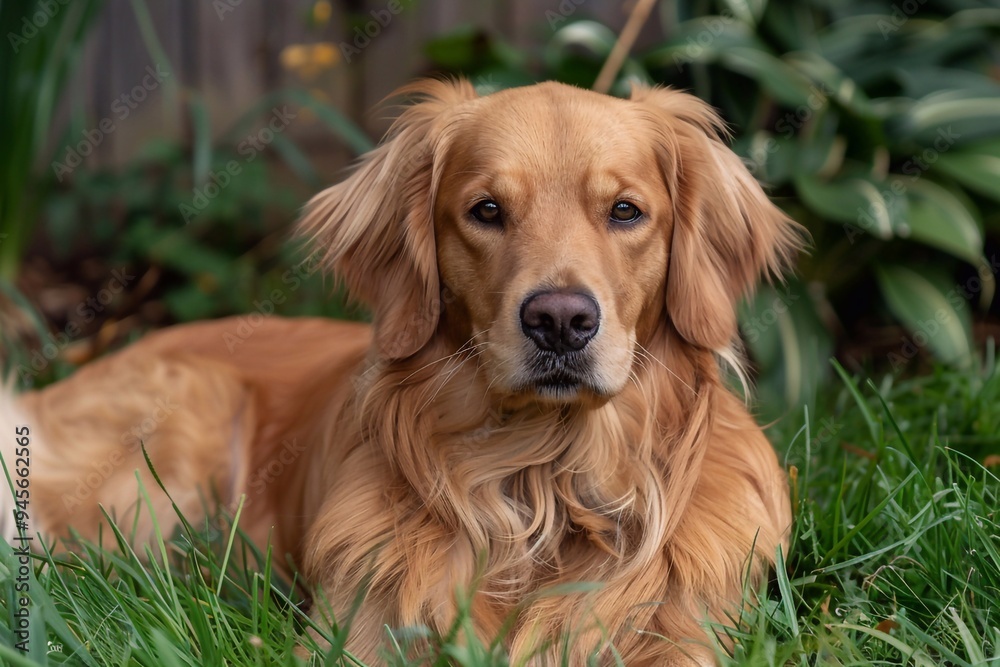 Obraz premium golden retriever in the garden. golden retriever on green grass