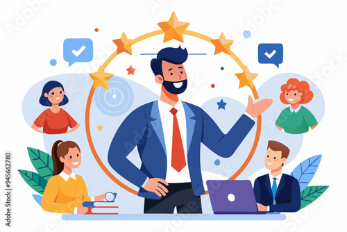 360 degree feedback, assessment or performance appraisal, customer review, testimonial or job networking, employee evaluation, rating or survey concept, businessman get feedback from colleagues.

