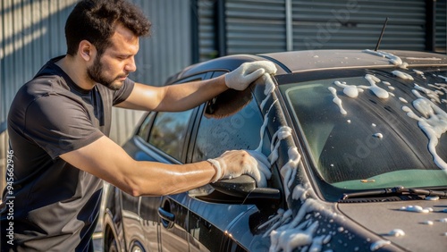 man covering automobile with foam at outdoor