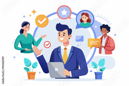 360 degree feedback, assessment or performance appraisal, customer review, testimonial or job networking, employee evaluation, rating or survey concept, businessman get feedback from colleagues.
