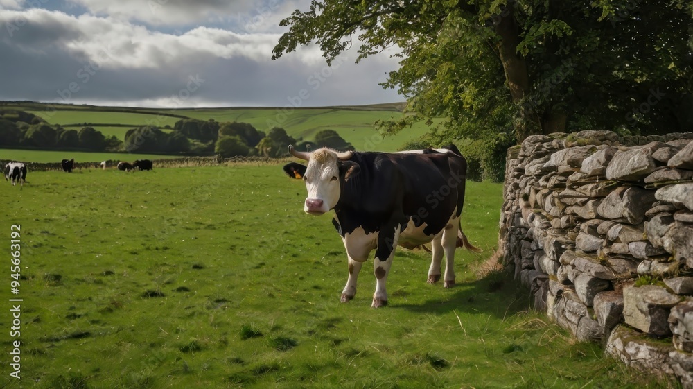 Irish Farming Cow Grazes in Field by Stone Wall Irish Farming Cow Grazes in Field by Stone Wall