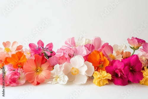 Vibrant garland of colorful flowers arranged on a white background