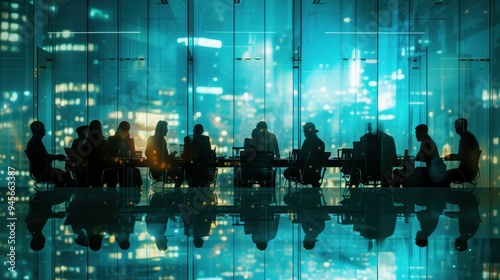 A diverse group is meeting in front of a large glass wall