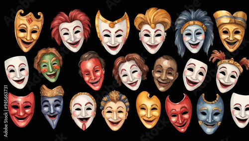 Collection of theate comedy masks, watercolor clipart illustration on black background