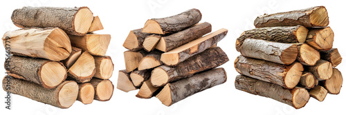 Stacked firewood logs neatly arranged in various sizes isolated on transparent background photo