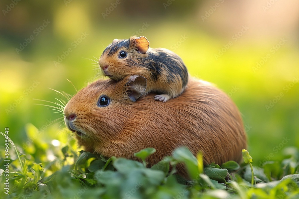 little guinea pig baby sitting on its mother's back outdoors on a bright summer day. warmth of the season, with green grass and vibrant nature in the background. baby and mother, highlighting their so little guinea pig baby sitting on its mother's back outdoors on a bright summer day. warmth of the season, with green grass and vibrant nature in the background. baby and mother, highlighting their so