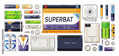 Lithium batteries top view set. Different accumulators for charging, recharging electronics. Electric energy, power. Metal, nickel elements. Flat isolated vector illustrations on white background photo