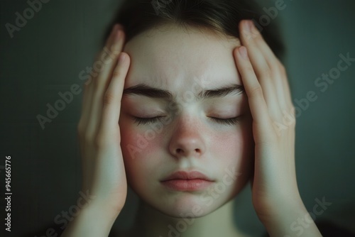 A youth with closed eyes and hands resting on their head expresses feelings of stress and anxiety in a serene, softly lit space. Generative AI