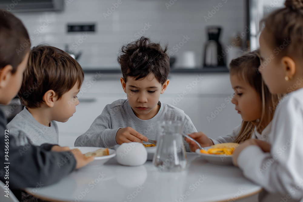 A group of children are sitting around a table eating A group of children are sitting around a table eating