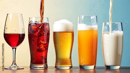 Pouring drinks into glasses photo collection: soft drink can, beer, wine, water, orange juice and milk