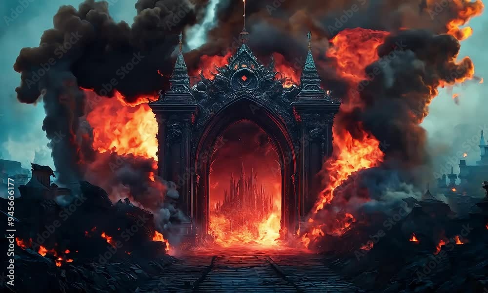 Sinful Curse: Hell Gate Engulfed in Smoke and Flame - A Generative AI Illustration