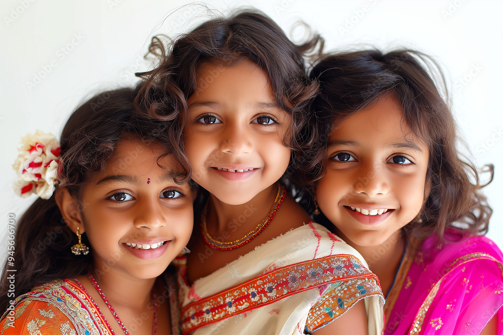 Three young girls are smiling and posing for a picture Three young girls are smiling and posing for a picture