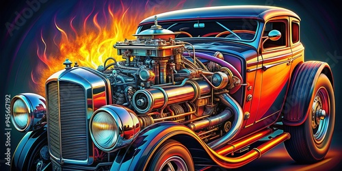 Vibrant, detailed illustration of a hotrod car's powerful engine, showcasing intricate mechanical components, bold lines, and bursts of color, evoking speed and high-octane energy. photo