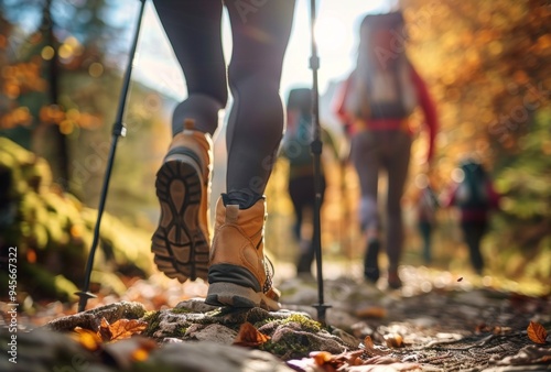 A group of people are hiking in the woods, with one person wearing a backpack