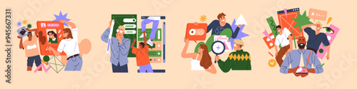 UX UI design in app development set. Designers create user interface for digital devices. Creative team does redesign, update of GUI. Creation of UIUX wireframes. Flat isolated vector illustrations