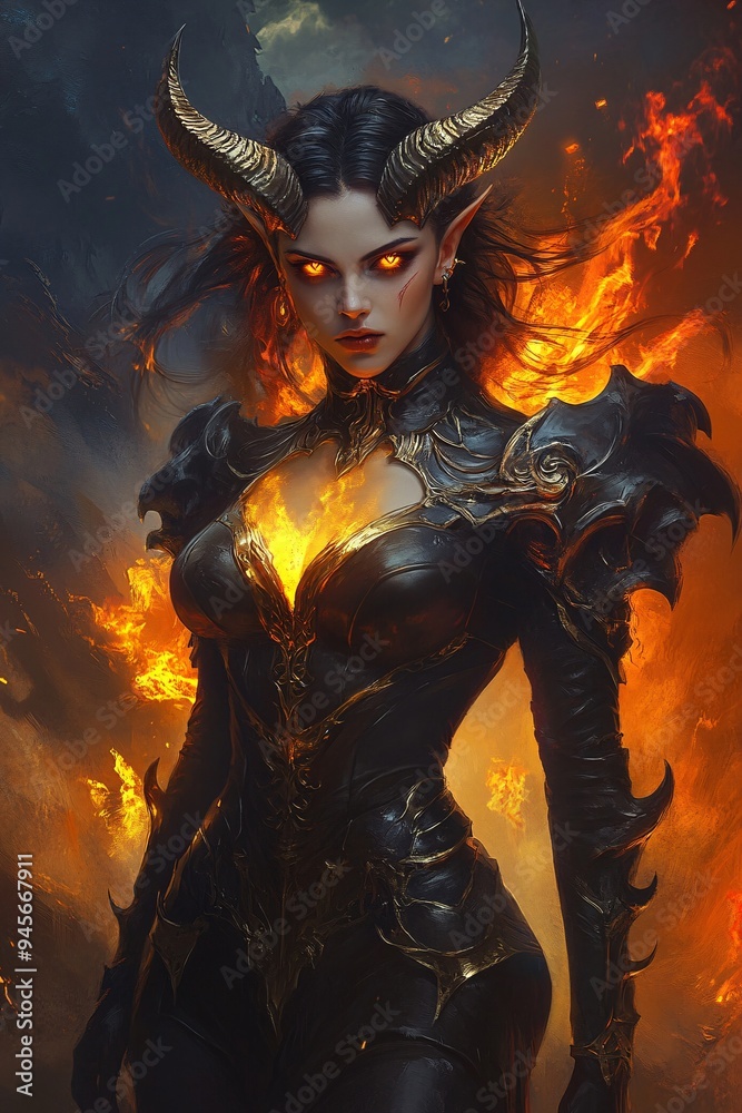 Fantasy Demon Female with Fiery Background Fantasy Demon Female with Fiery Background