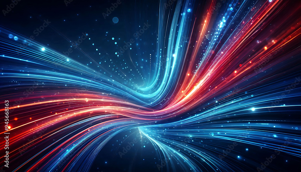 Obraz premium Abstract digital artwork featuring vibrant blue and red light trails swirling against a dark background with glowing dots that add depth and dimension to the design