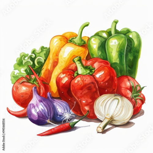 A colorful watercolor painting of a still life arrangement featuring a selection of fresh vegetables, including bell peppers, tomatoes, garlic, and onions