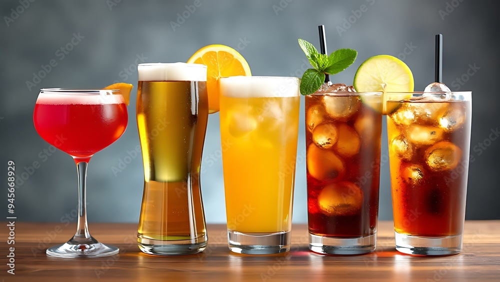 Different alcohol drinks set - beer, wine, cocktail,juice, champagne, scotch, soda Different alcohol drinks set - beer, wine, cocktail,juice, champagne, scotch, soda