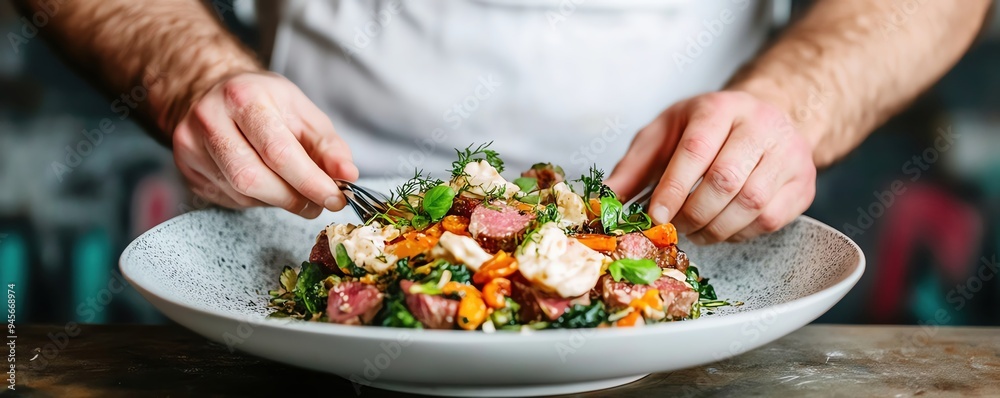 Magnificent close-up of a chefs hands plating a gourmet dish Magnificent close-up of a chefs hands plating a gourmet dish