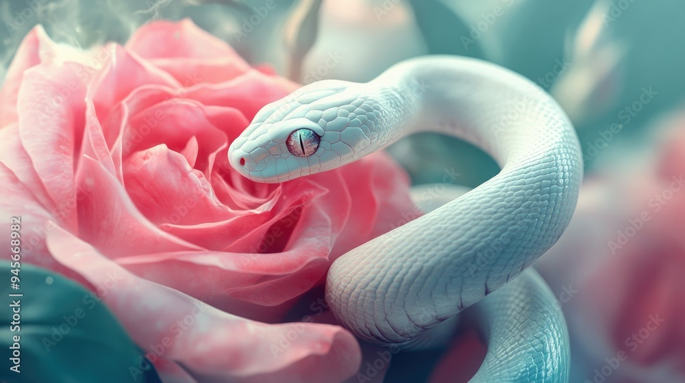 Artistic depiction of a white snake with a rose, blending the delicate features of the snake with the beauty of the flower. A visually compelling and unique image. Artistic depiction of a white snake with a rose, blending the delicate features of the snake with the beauty of the flower. A visually compelling and unique image.