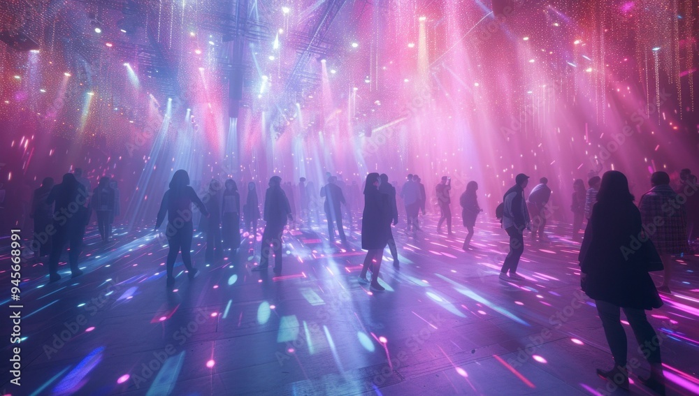 People are dancing in a room lit with purple and blue lights People are dancing in a room lit with purple and blue lights
