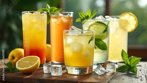 Different fresh lemonades in glasses with ice cubes, cocktail glasses concept