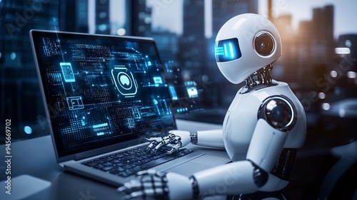 Chatbot Chat with AI, Artificial Intelligence. man using technology smart robot AI, artificial intelligence by enter command prompt for generates something, Futuristic technology transformation.