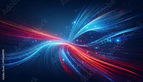 Abstract digital artwork featuring vibrant blue and red light trails swirling against a dark background with glowing dots that add depth and dimension to the design