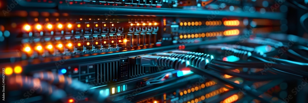 A computer network with many cables and wires A computer network with many cables and wires
