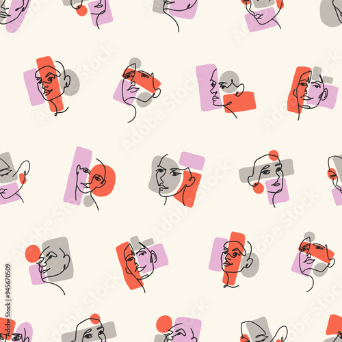 Abstract sketches of women faces on endless background. Repeatable pattern of human portraits with continuous curve. One line art of heads with geometric shapes. Outline seamless vector illustration