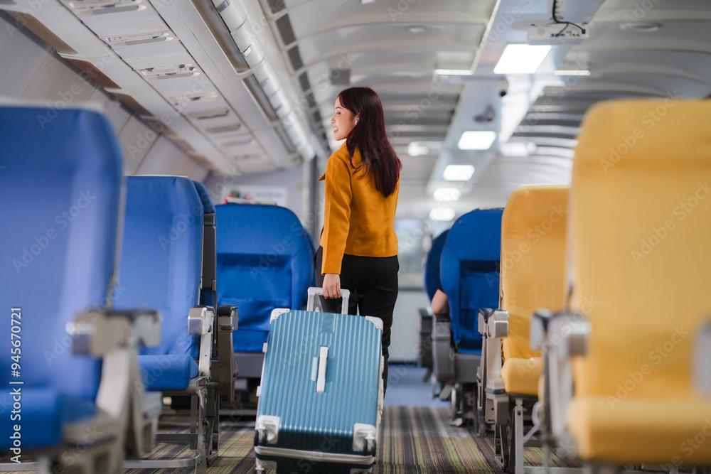 Ready for Takeoff: A young woman, clad in a stylish mustard jacket, confidently strides down the aisle of an airplane, luggage in tow, ready to embark on a new adventure. The bright blue seats and ye Ready for Takeoff: A young woman, clad in a stylish mustard jacket, confidently strides down the aisle of an airplane, luggage in tow, ready to embark on a new adventure. The bright blue seats and ye