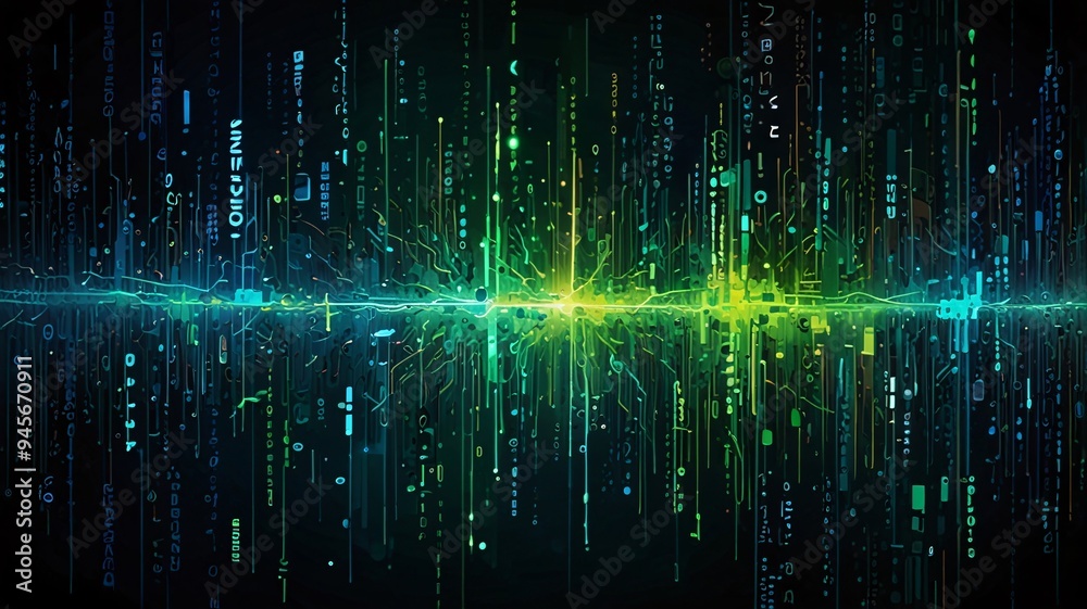 A dynamic illustration depicting a burst of green and blue digital lights, representing the energy and speed of data transmission in a virtual space. A dynamic illustration depicting a burst of green and blue digital lights, representing the energy and speed of data transmission in a virtual space.