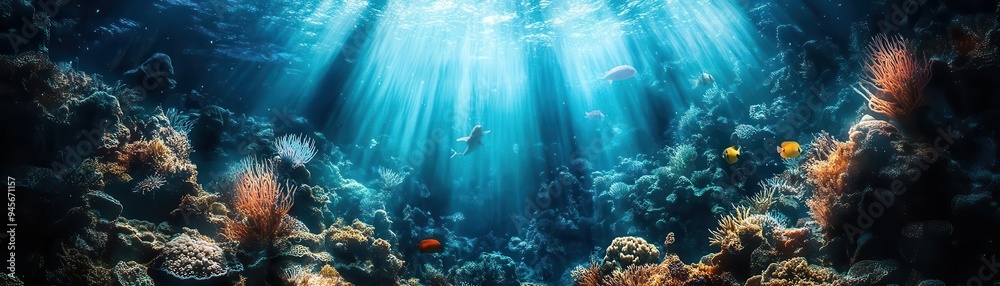 Fototapeta premium Colorful fish swim among vibrant coral reefs in a tropical ocean.