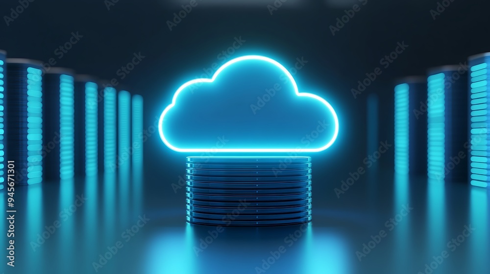 Futuristic cloud computing concept with glowing cloud icon among server racks, representing data storage and technology infrastructure. Futuristic cloud computing concept with glowing cloud icon among server racks, representing data storage and technology infrastructure.